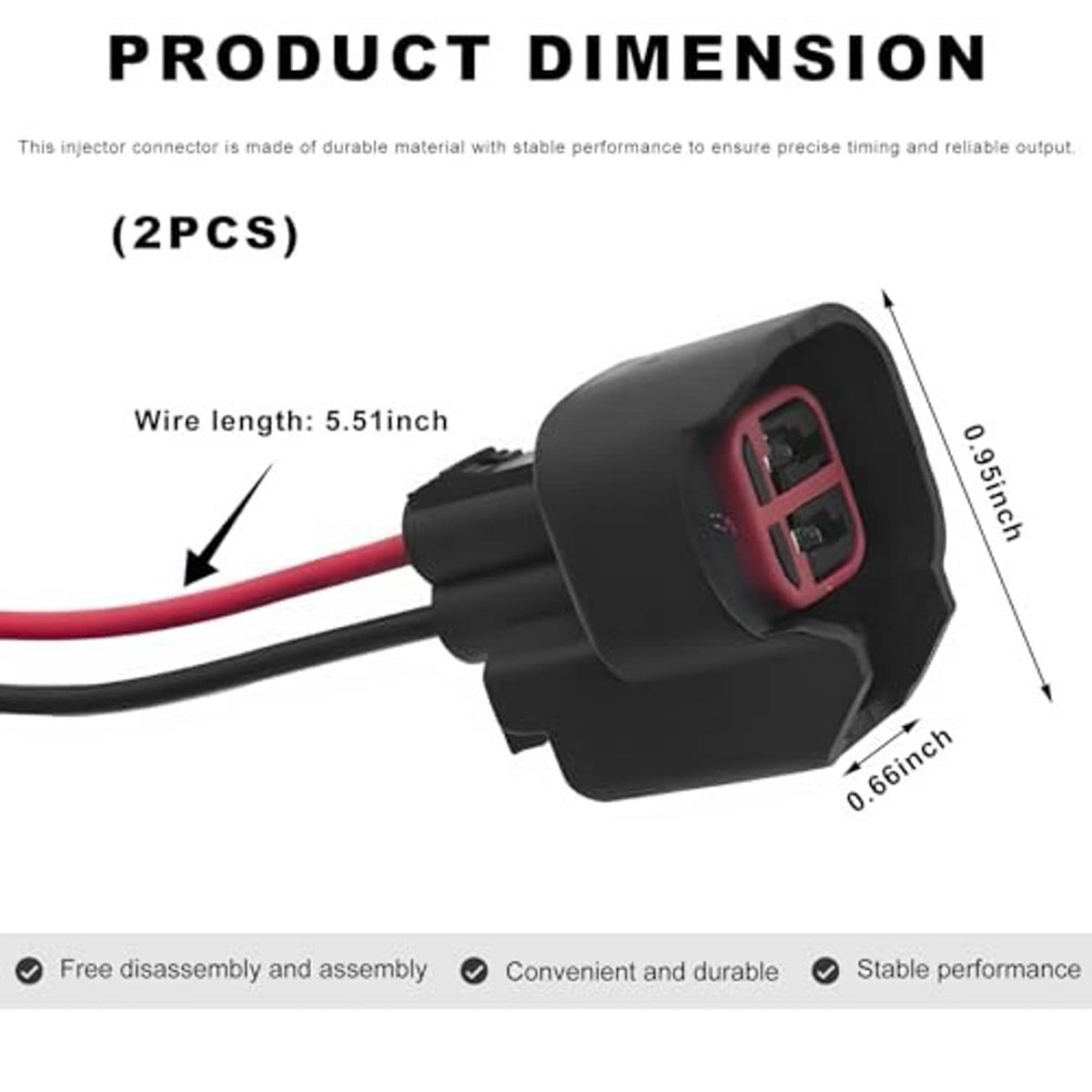 Fuel injector connector size diagram: black housing, red/black wires, compact 0.66 in