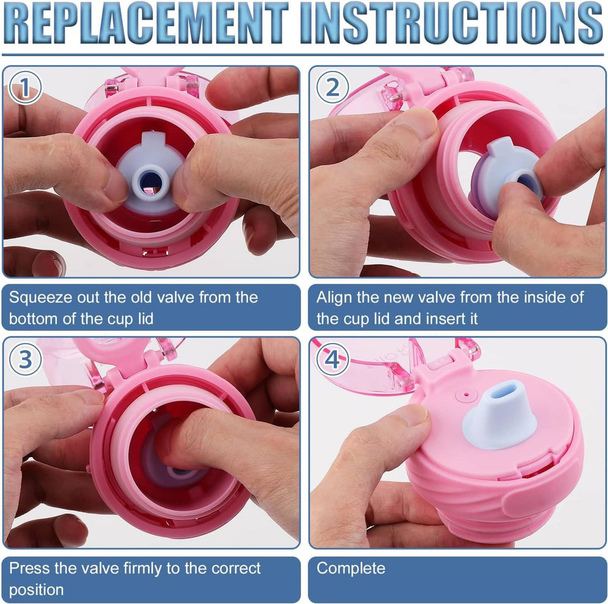 Bite valve replacement steps showing light blue valve installed on bottle lid