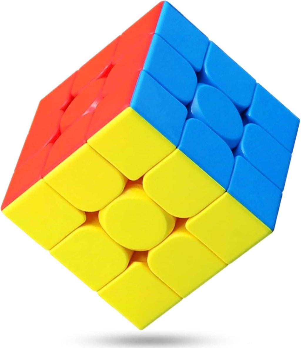 Stickerless 3x3 speed cube with blue, yellow, and orange faces, angled view