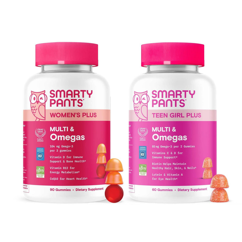 Two pink-capped gummy supplement bottles for women and teen girls, shown side by side