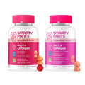 Two pink-capped gummy supplement bottles for women and teen girls, shown side by side