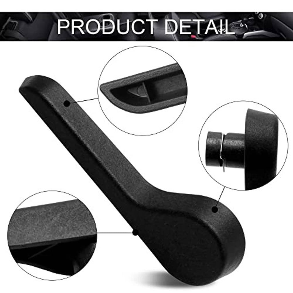 Black seat recliner handle detail with textured surface and connector post