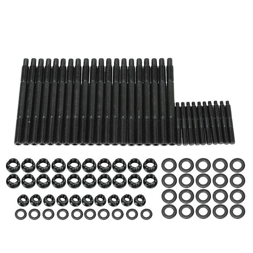 Long row of black head studs with matching studs and bolts for full engine kit