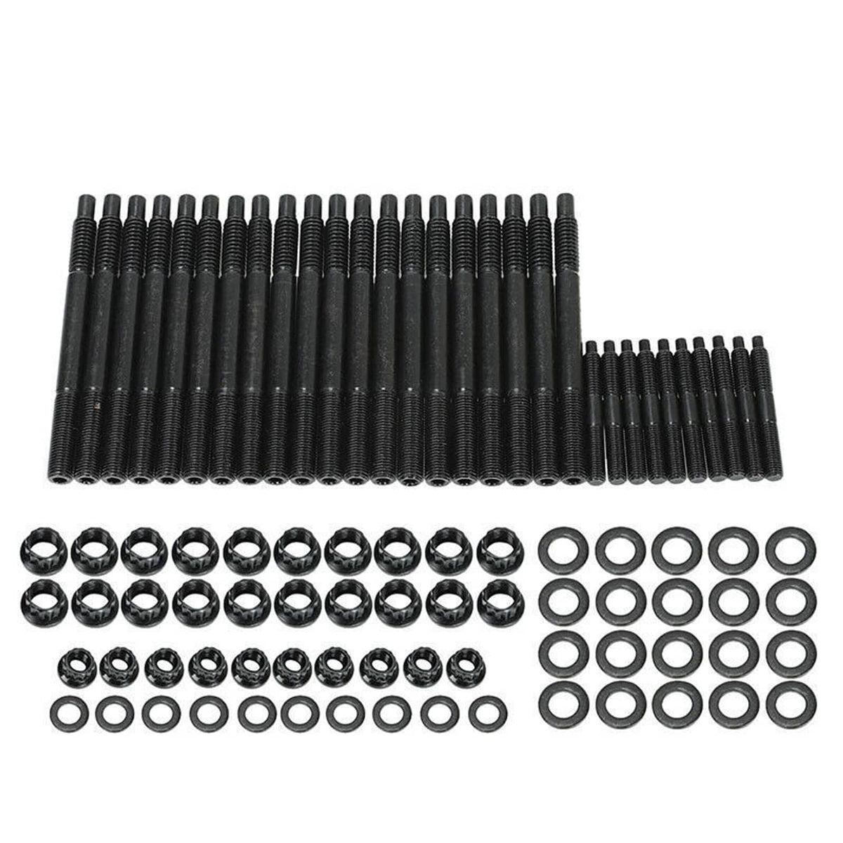 Long row of black head studs with matching studs and bolts for full engine kit