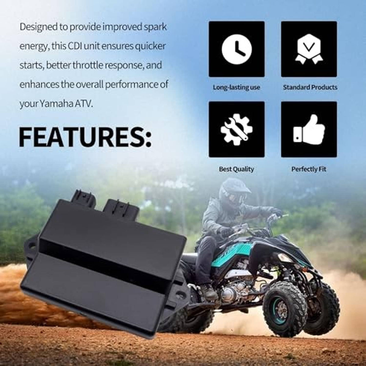 Black CDI ignition module with front wiring connectors and rectangular housing