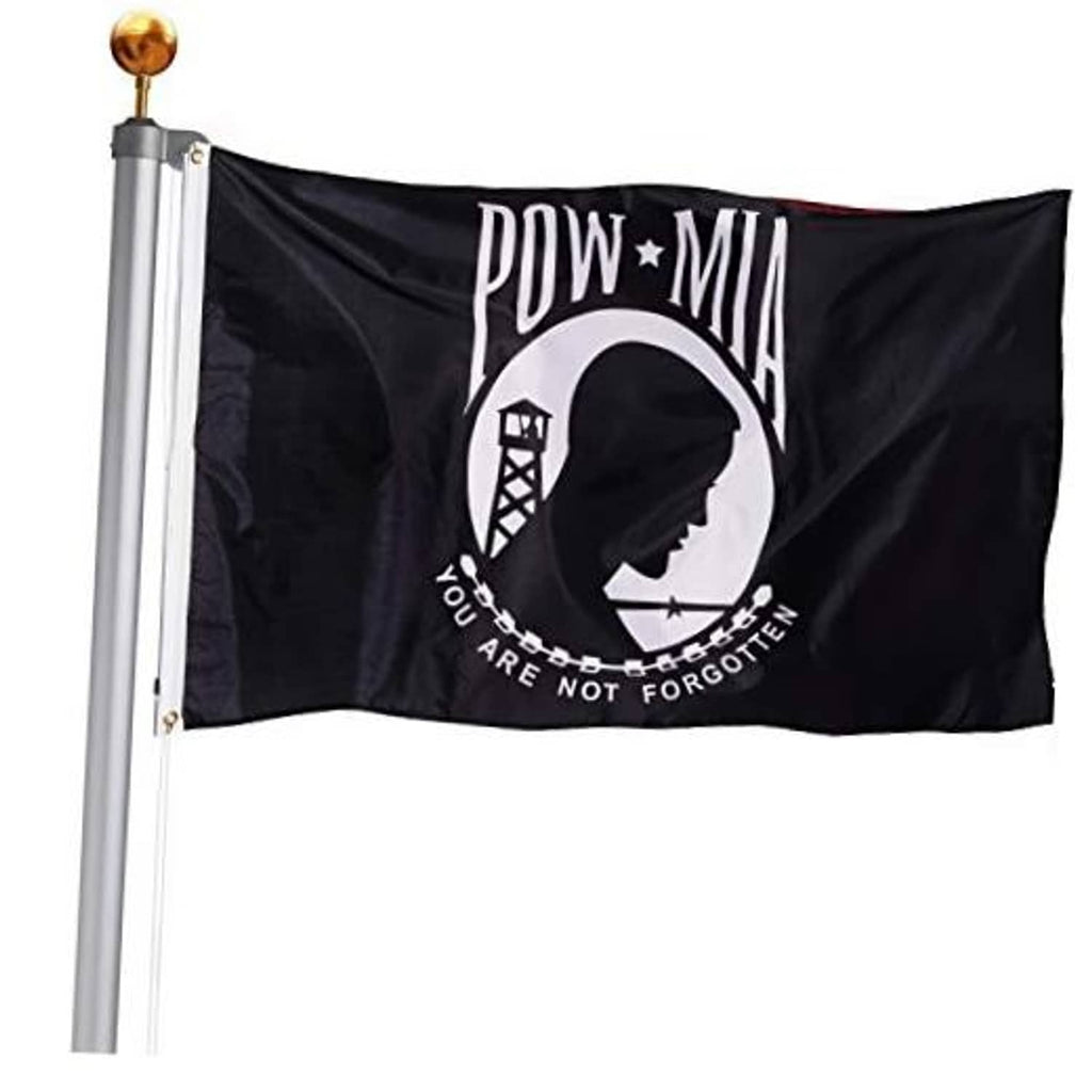 Black POW-MIA outdoor flag on pole with POW-MIA emblem and “You are not forgotten” text