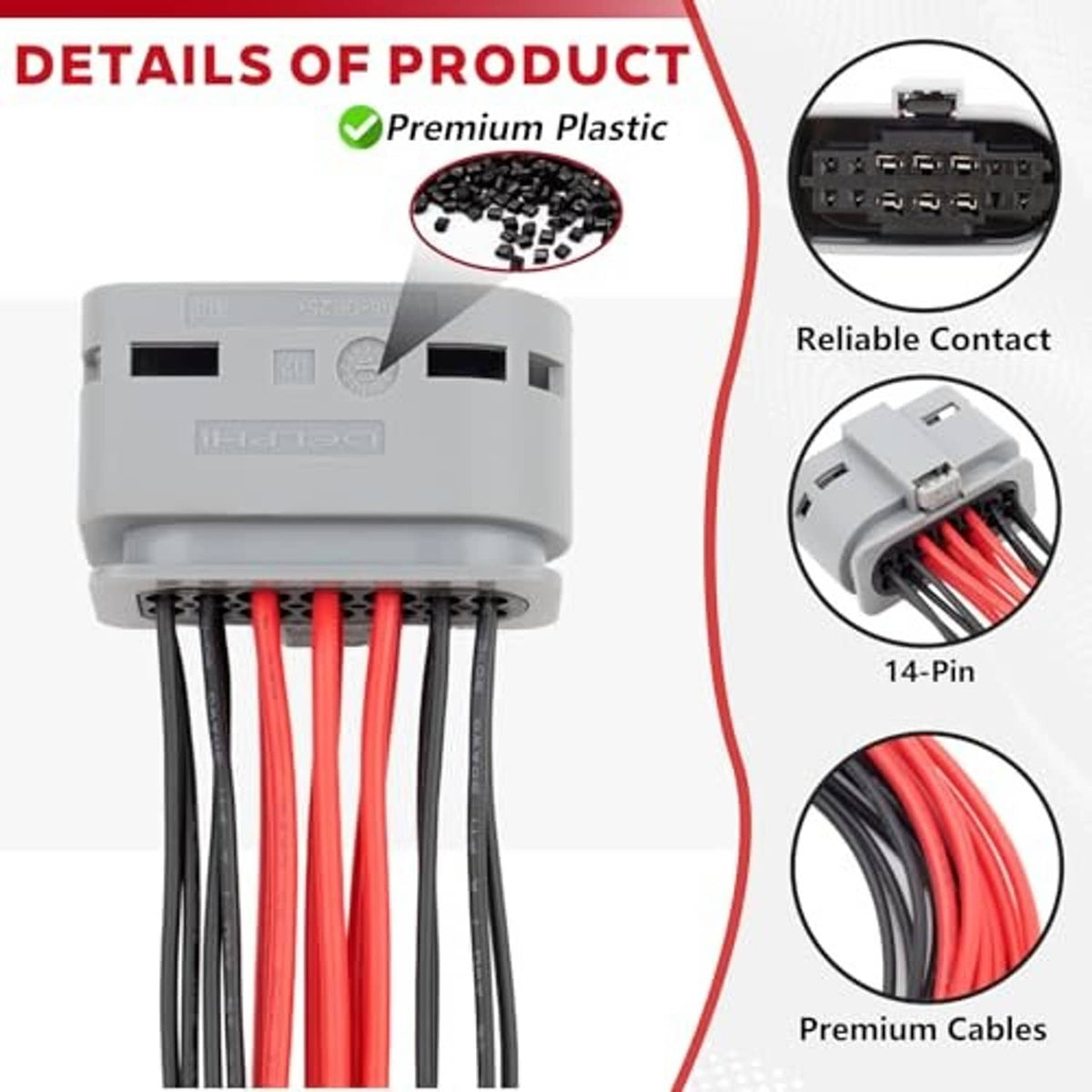 Grey 14-pin headlight connector plug with red and black cable pigtails