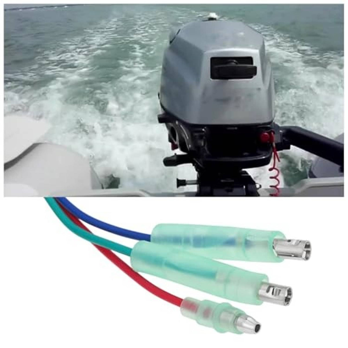 Outboard motor tilt/trim switch wiring connected to a gray outboard engine head