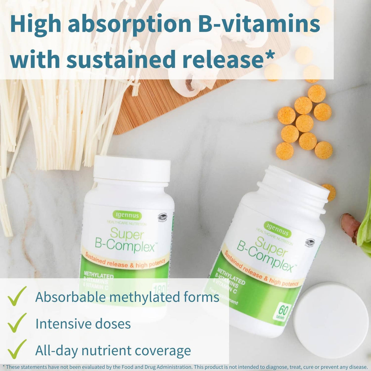 Two Igennus Super B-Complex supplement bottles with small round tablets