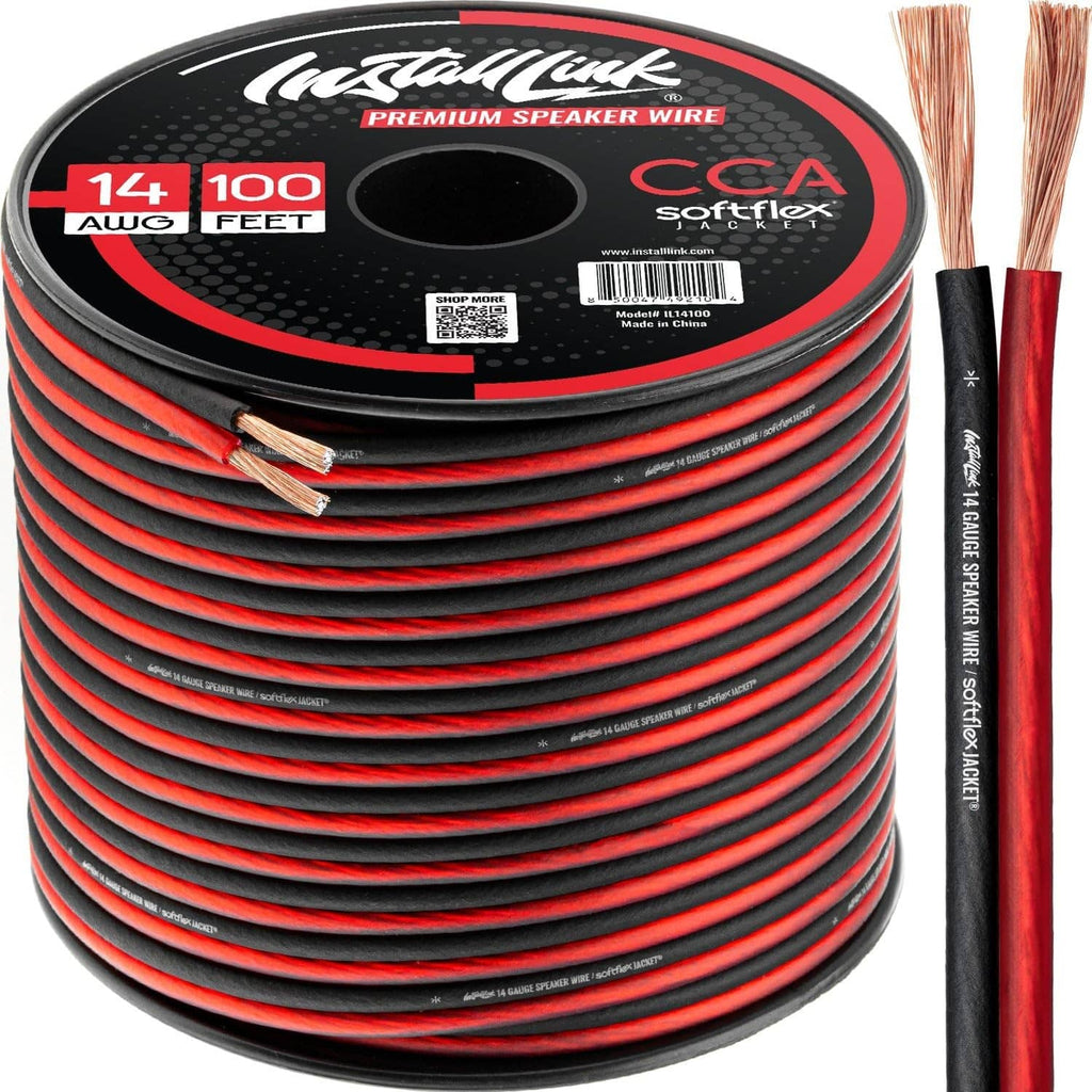 14 AWG speaker wire spool with red-and-black striped cable and copper-clad conductors