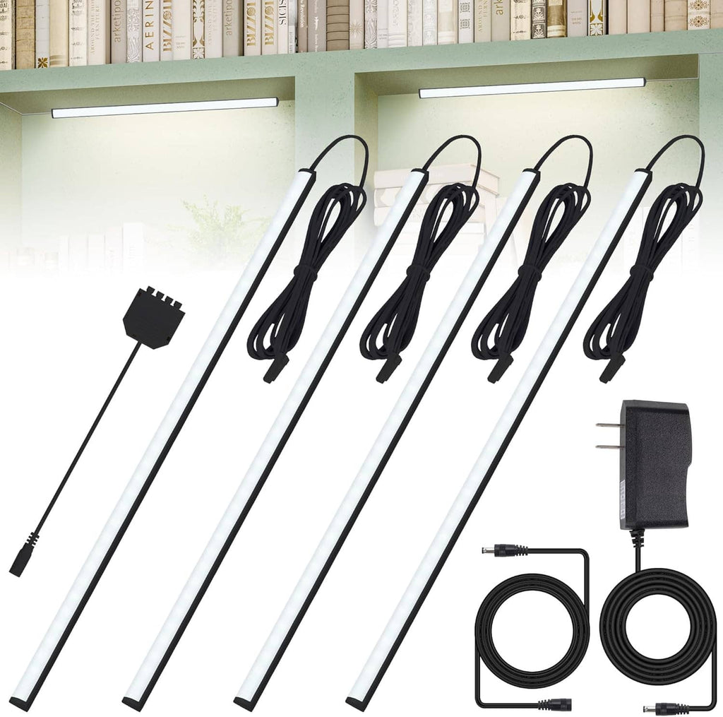 LED display case light kit with four slim bars, black cords, and power adapter