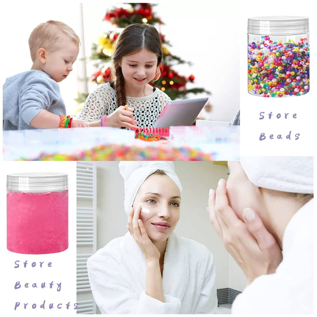 Clear plastic storage jar with lid, filled with multicolor beads