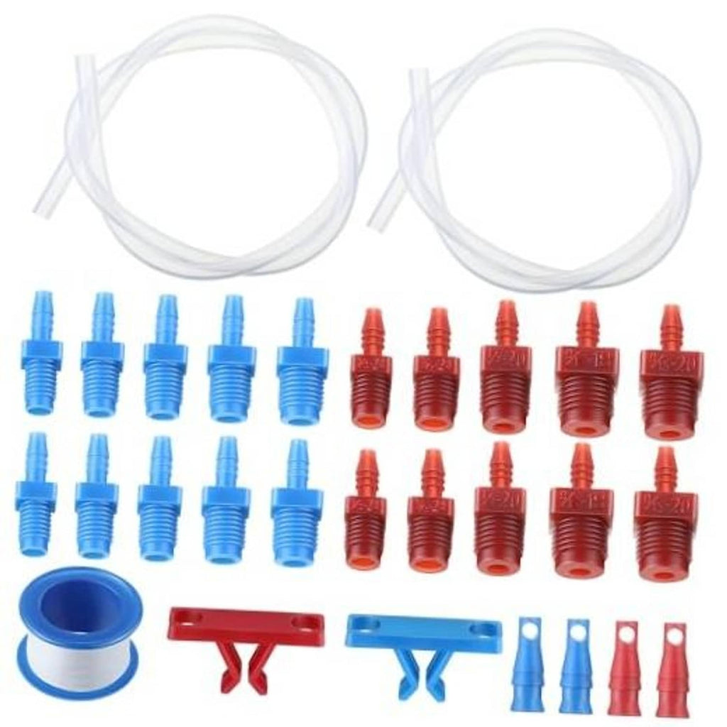 Master cylinder bleeder kit: clear 22 in hose, blue/red fittings, clips, PTFE tape