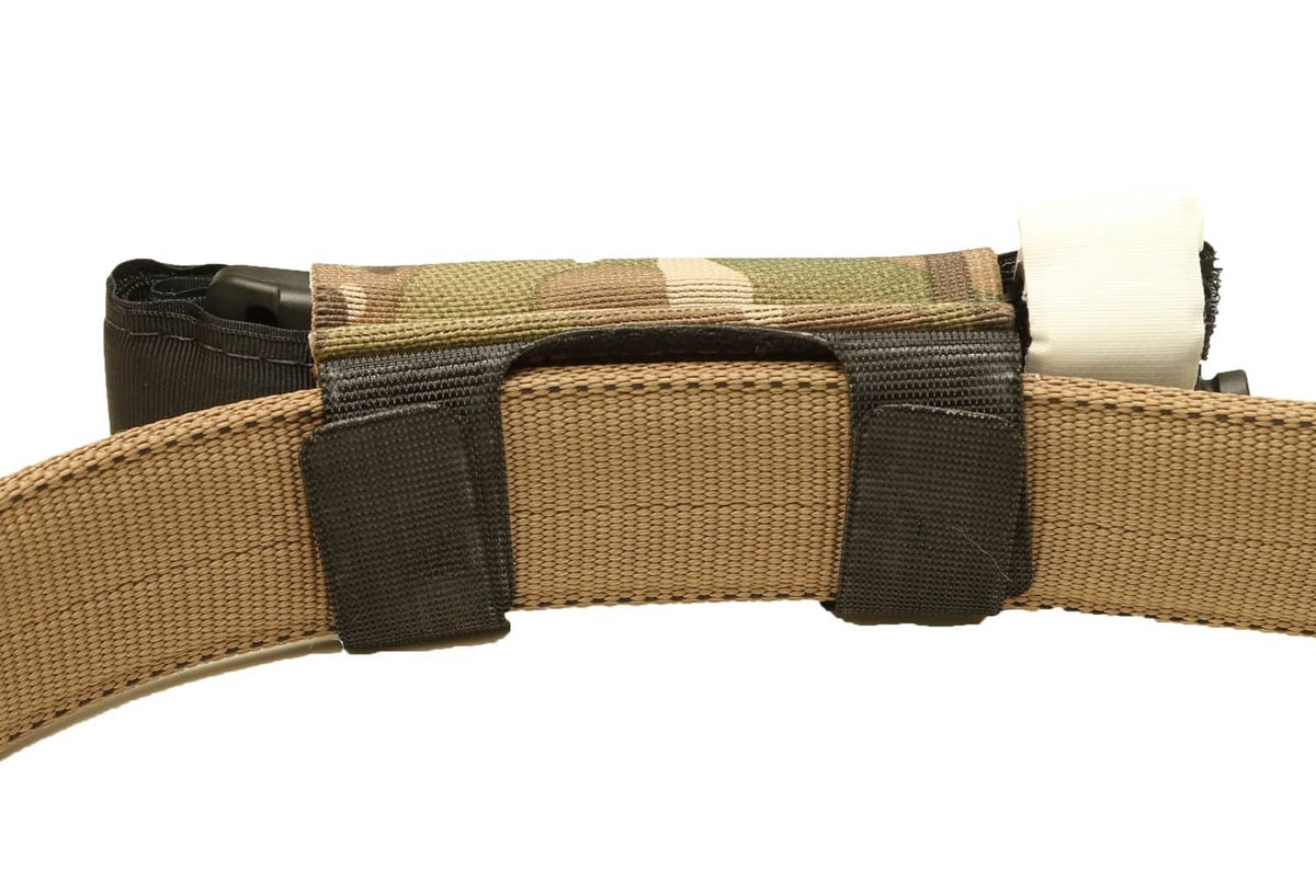 Multicam tourniquet holder pouch with belt loop and black hook-and-loop closure