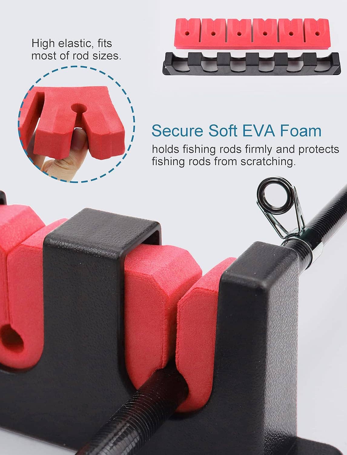 Fishing rod rack holder with soft red EVA foam pads over black mounting base