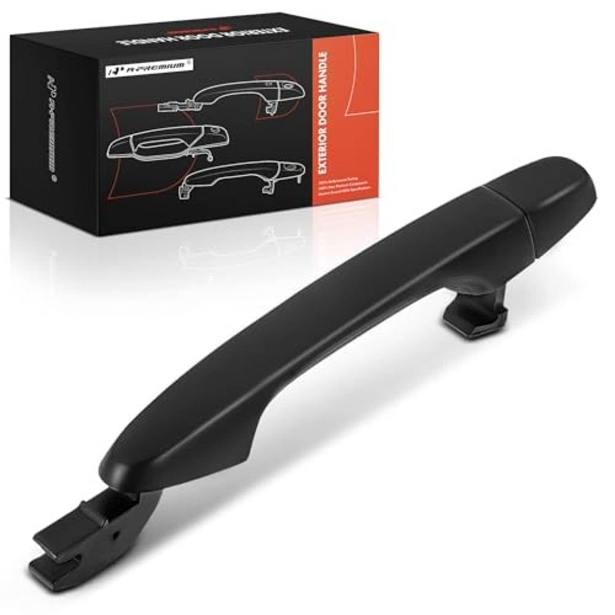 Front right exterior door handle with primed black finish, curved smooth handle bar