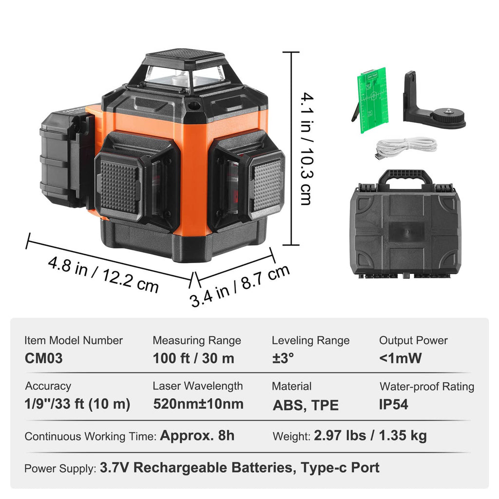 Orange and black self-leveling cross-line laser level with bracket and carrying case