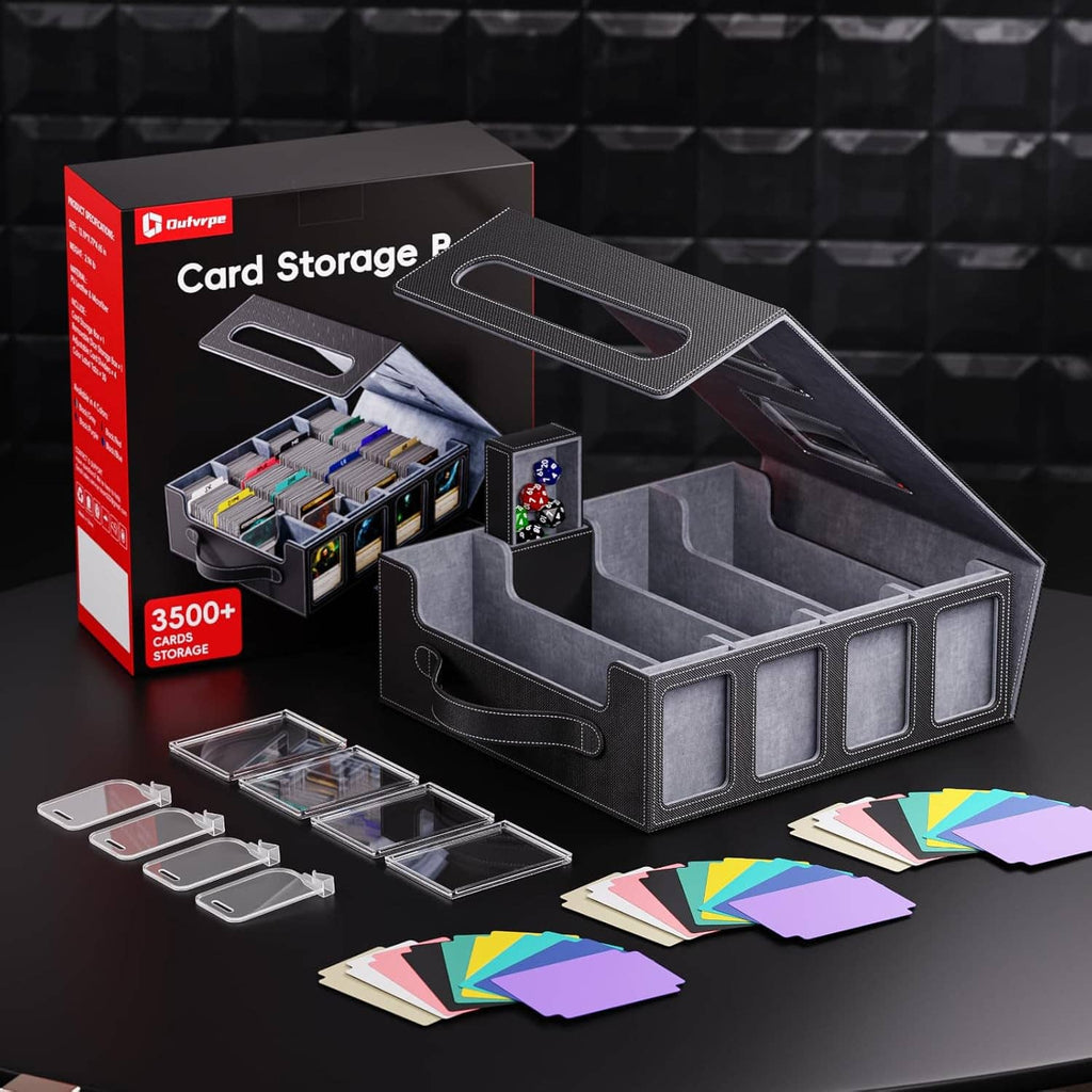 Gray trading card storage box with lid handle, open interior, and included card dividers.
