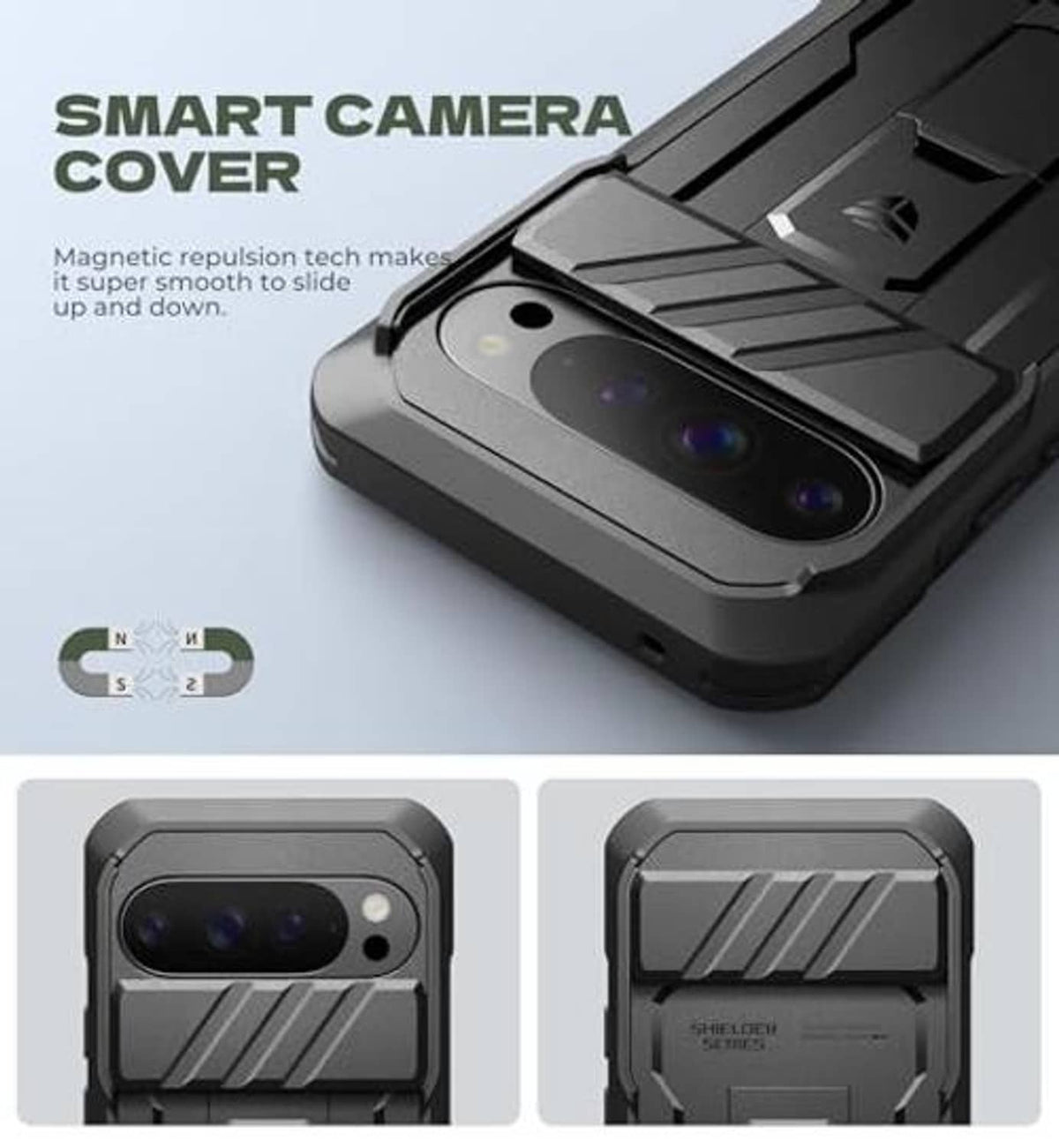 Black rugged phone case with smart camera cover over dual rear lenses, close-up