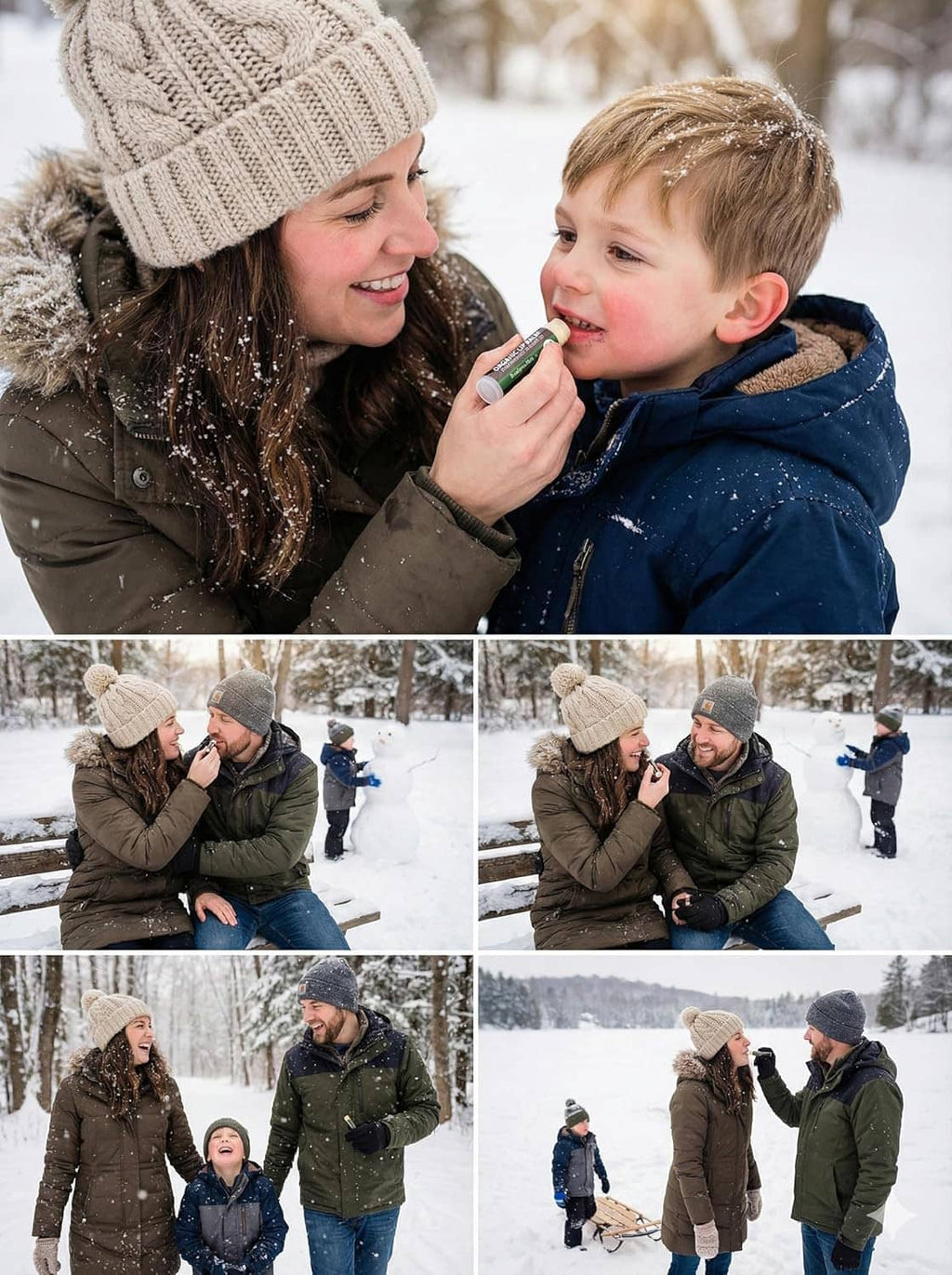 Family applying organic lip balm outdoors, with lip balm tube held to lips