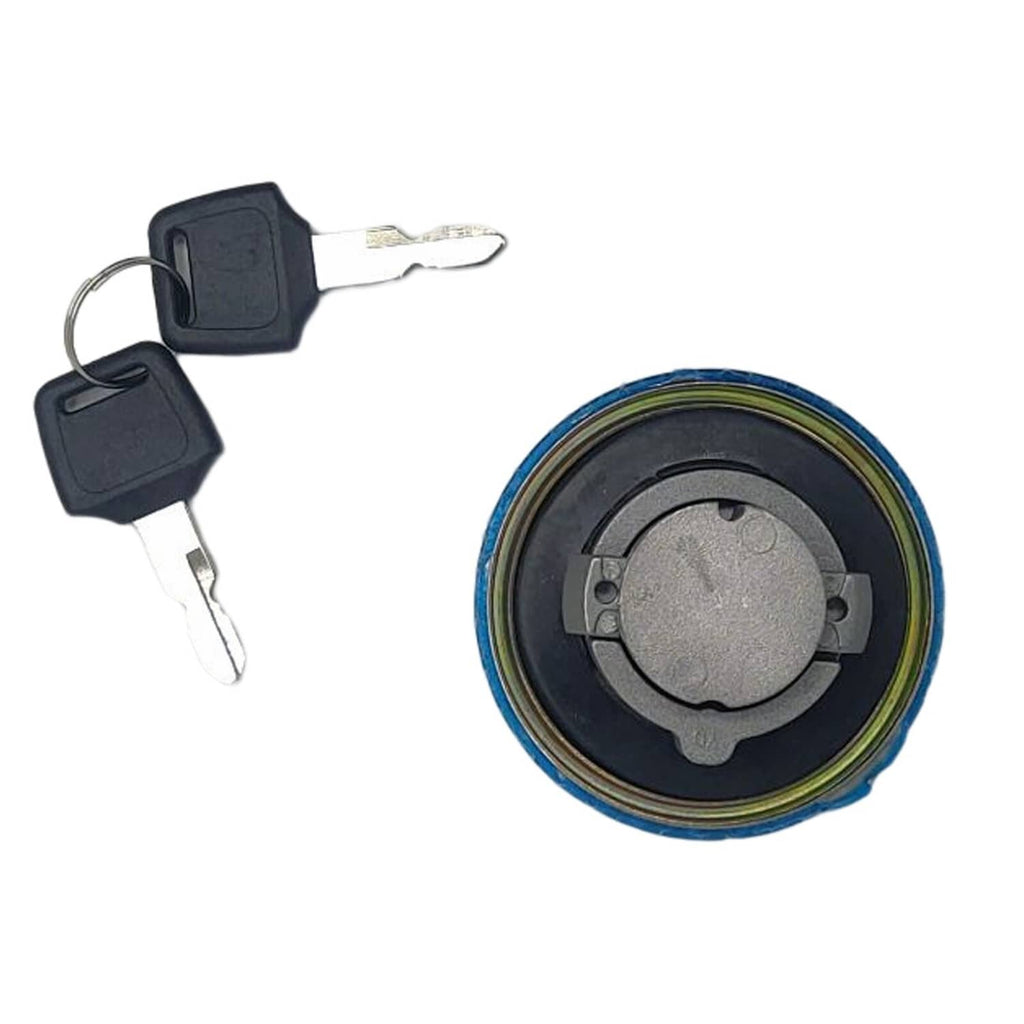 Fuel tank cap with black top and visible lock cylinder, plus two keys