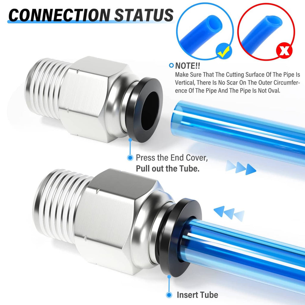 Silver push fitting showing tube insertion into black-sealed socket, straight connection