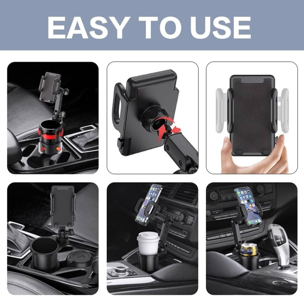 Universal black car phone holder system with cup holder and adjustable phone grip
