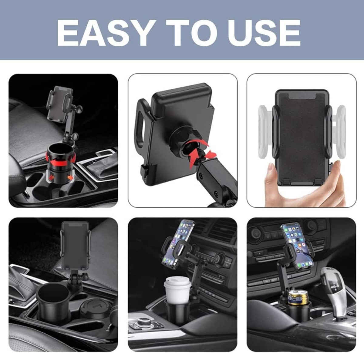 Universal black car phone holder system with cup holder and adjustable phone grip