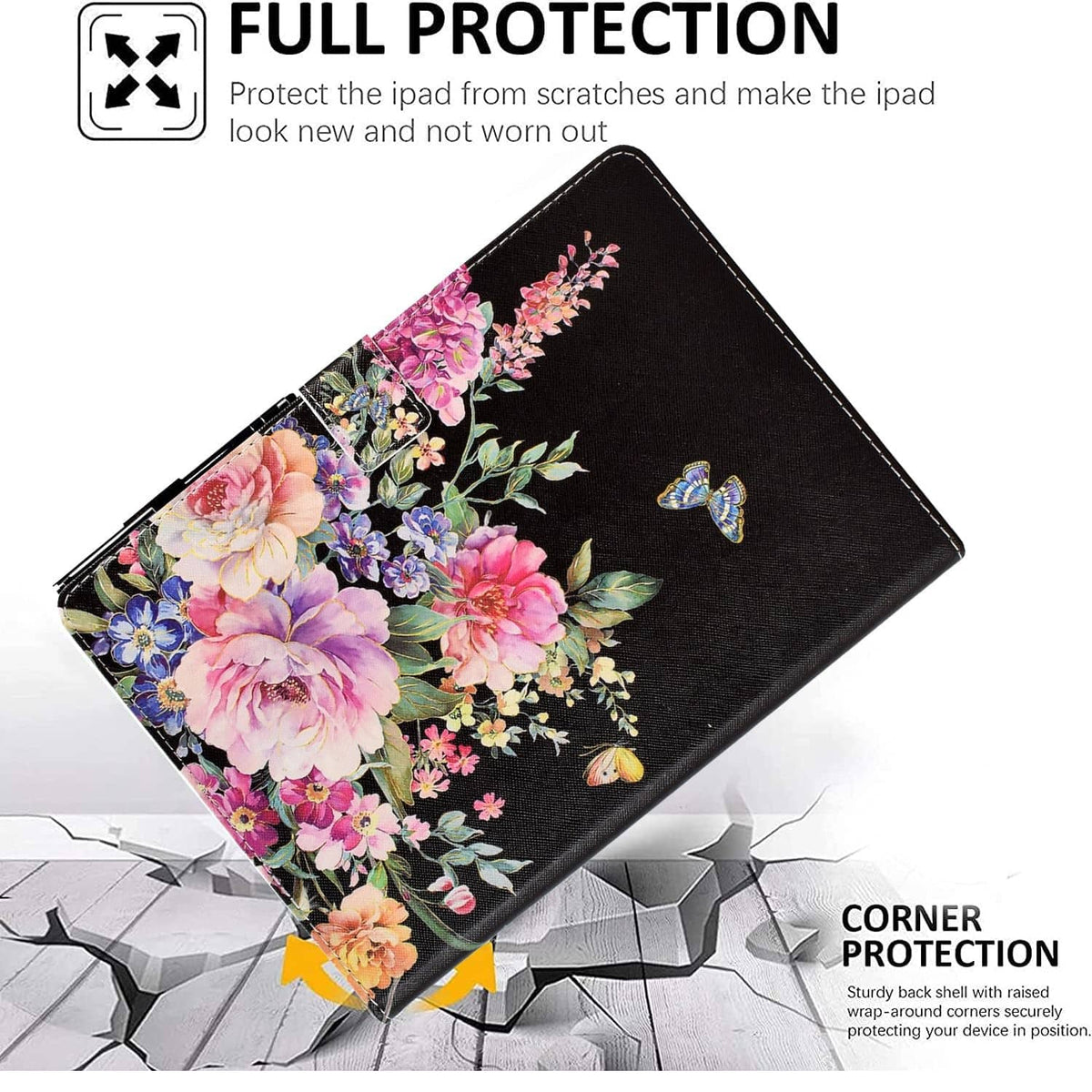 Floral folio iPad 9.7 case with pink peonies, butterflies, and angled stand