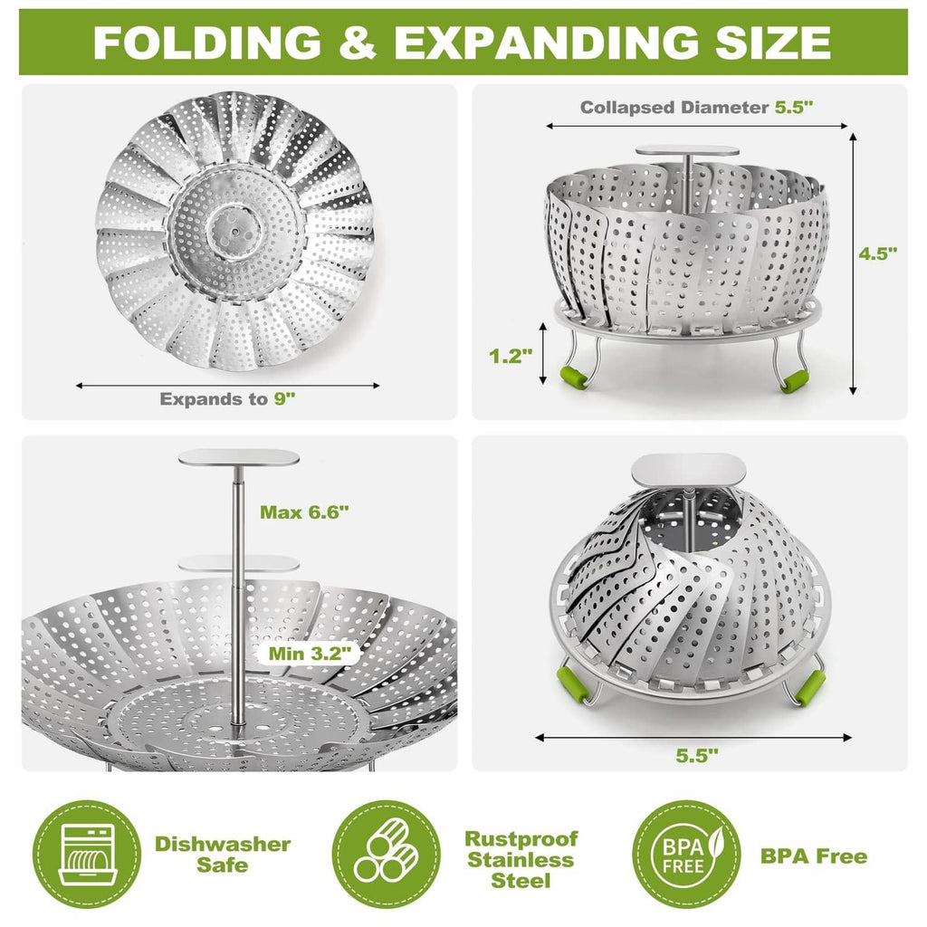 Folding stainless steel steamer basket, expanded 9 in and collapsed 5.5 in