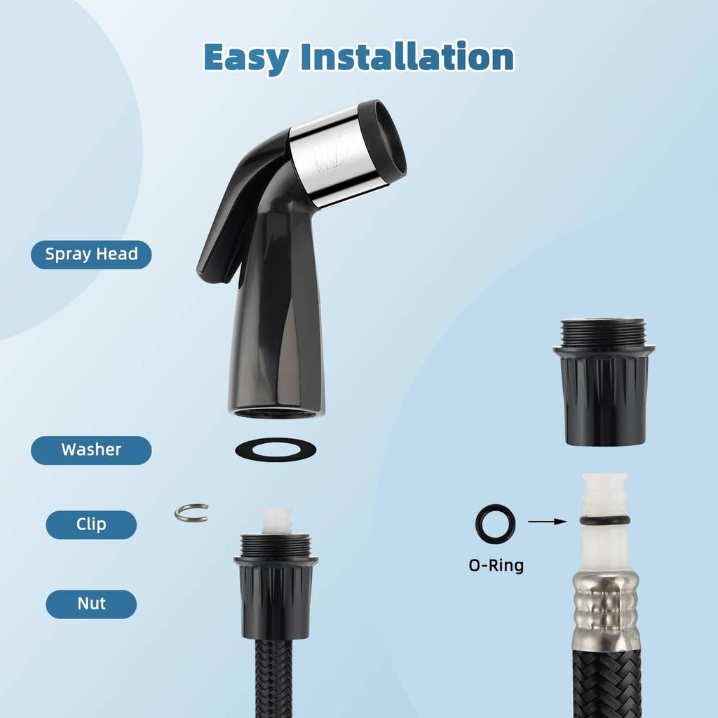 Matte black faucet sprayer attachment with included washers and clips