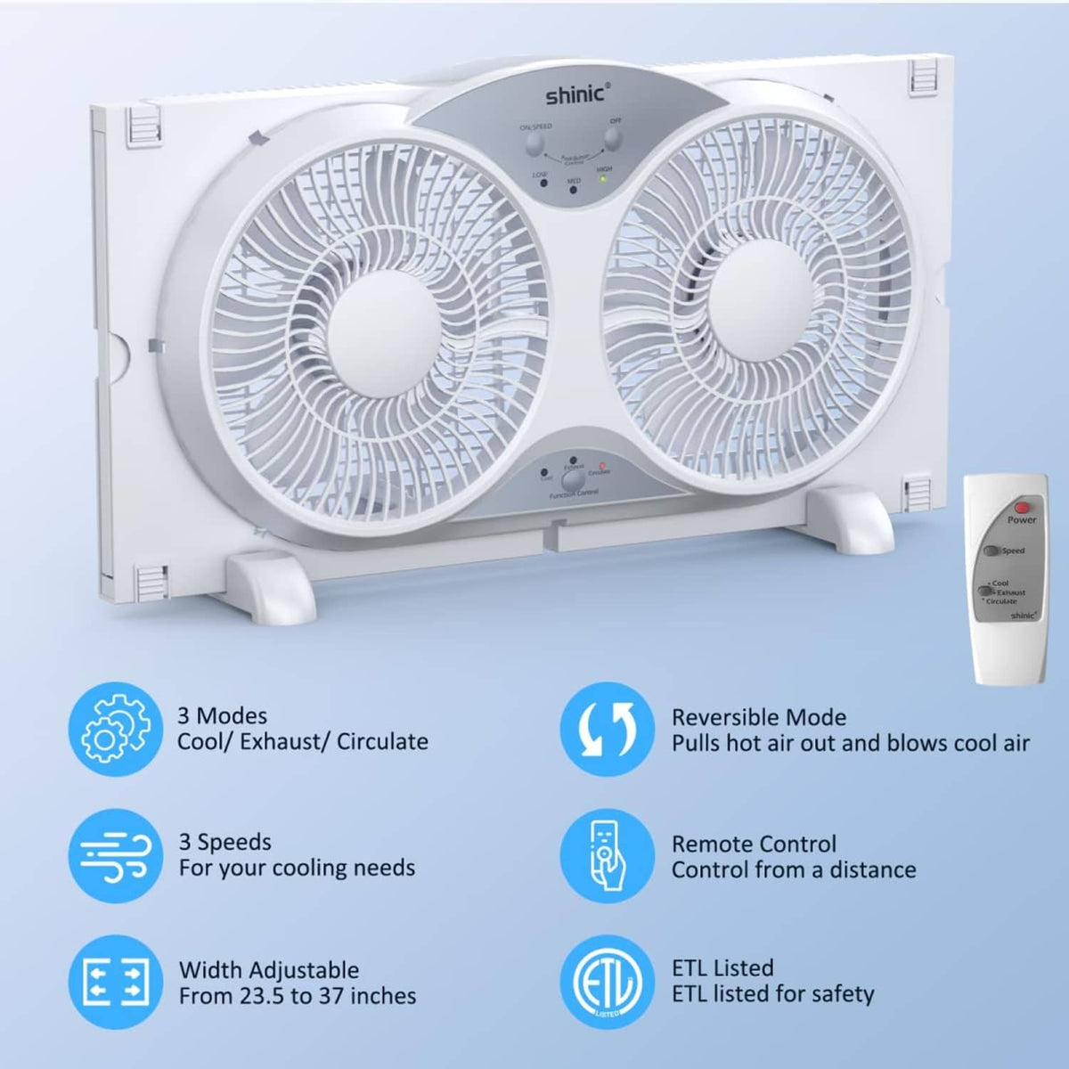 White twin-blade window fan with remote control, adjustable feet, and mode buttons