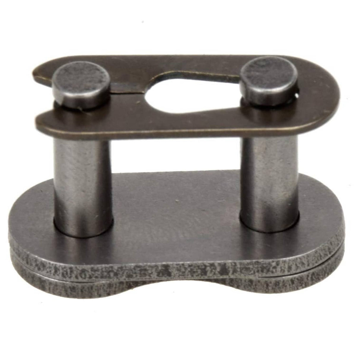 Roller chain master link connector, dark metal finish, top plate with two pin posts