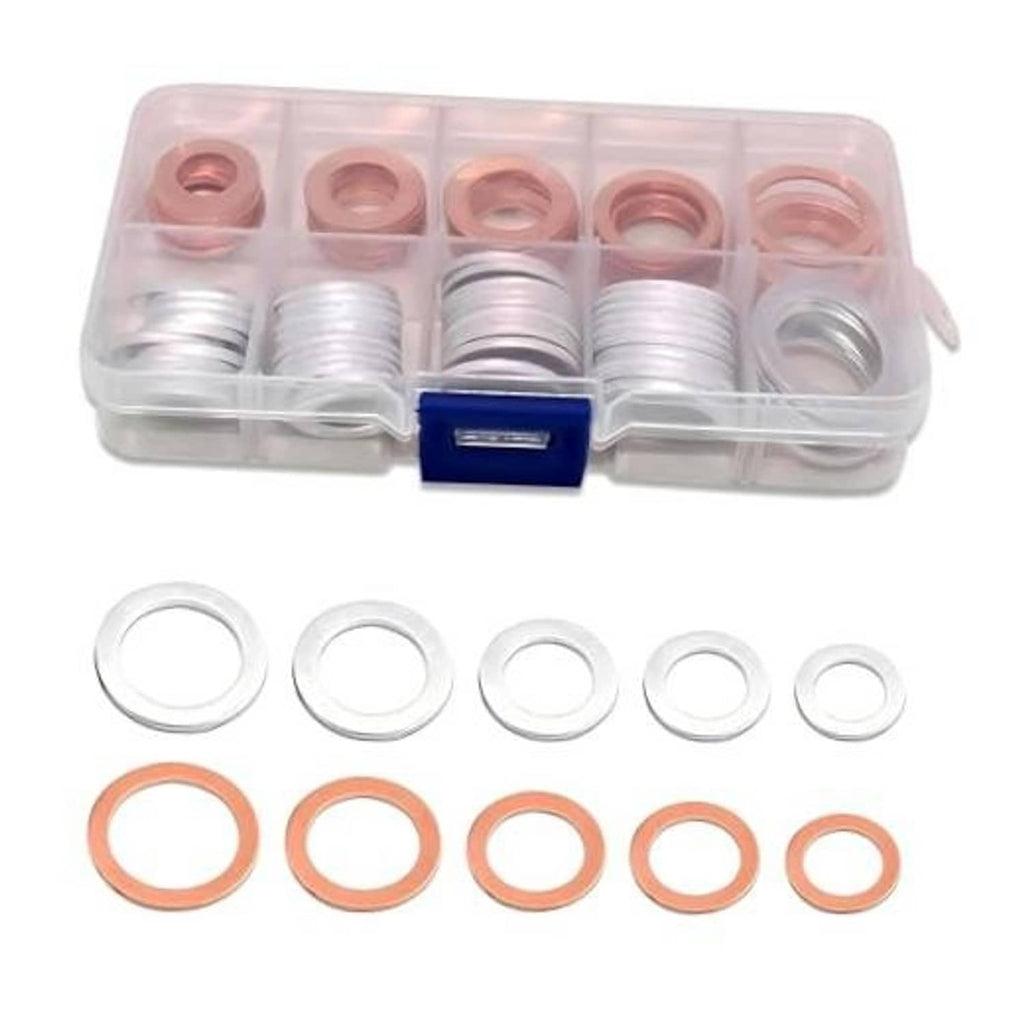 Oil drain plug gasket washers kit with silver and copper rings, in clear storage box