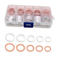 Oil drain plug gasket washers kit with silver and copper rings, in clear storage box