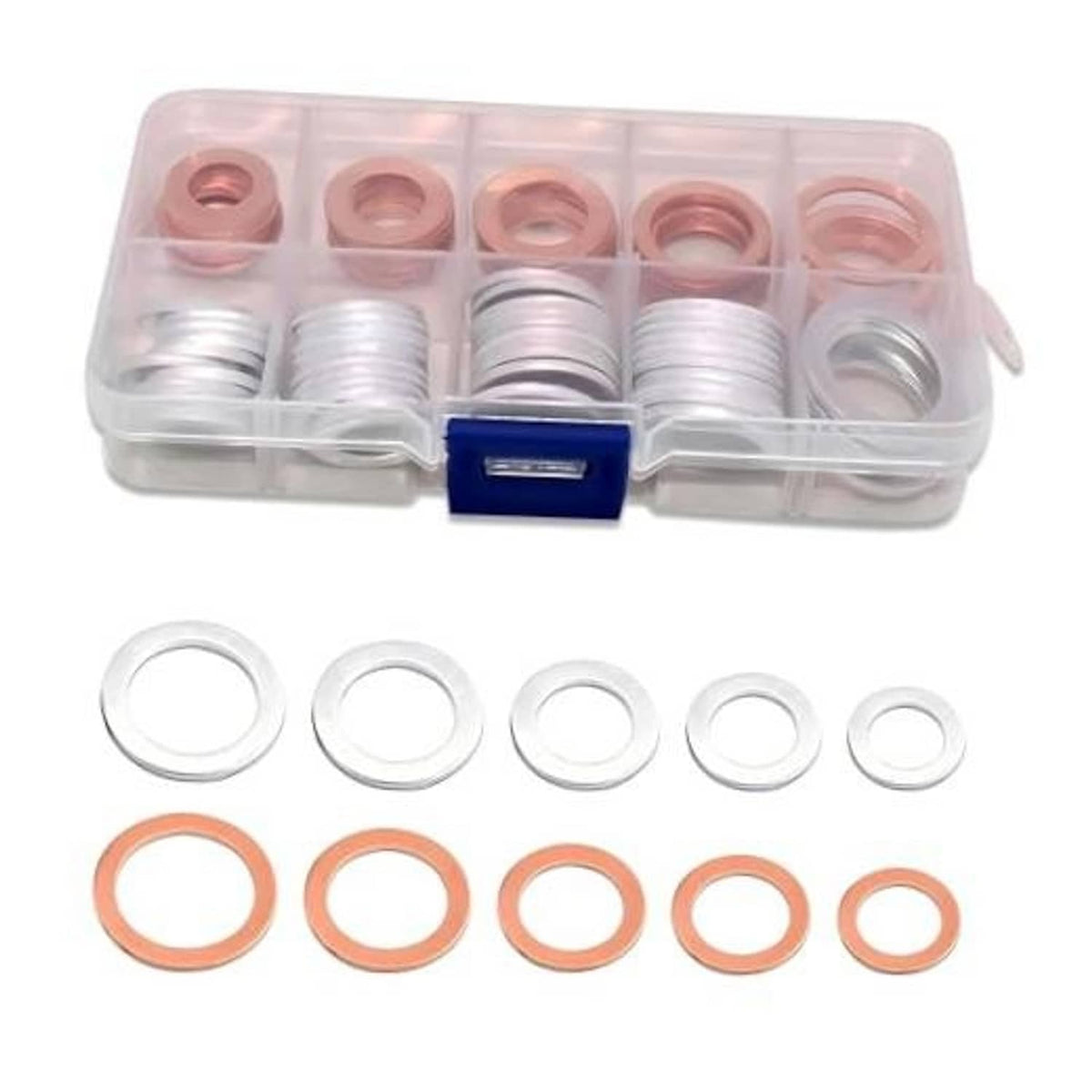 Oil drain plug gasket washers kit with silver and copper rings, in clear storage box