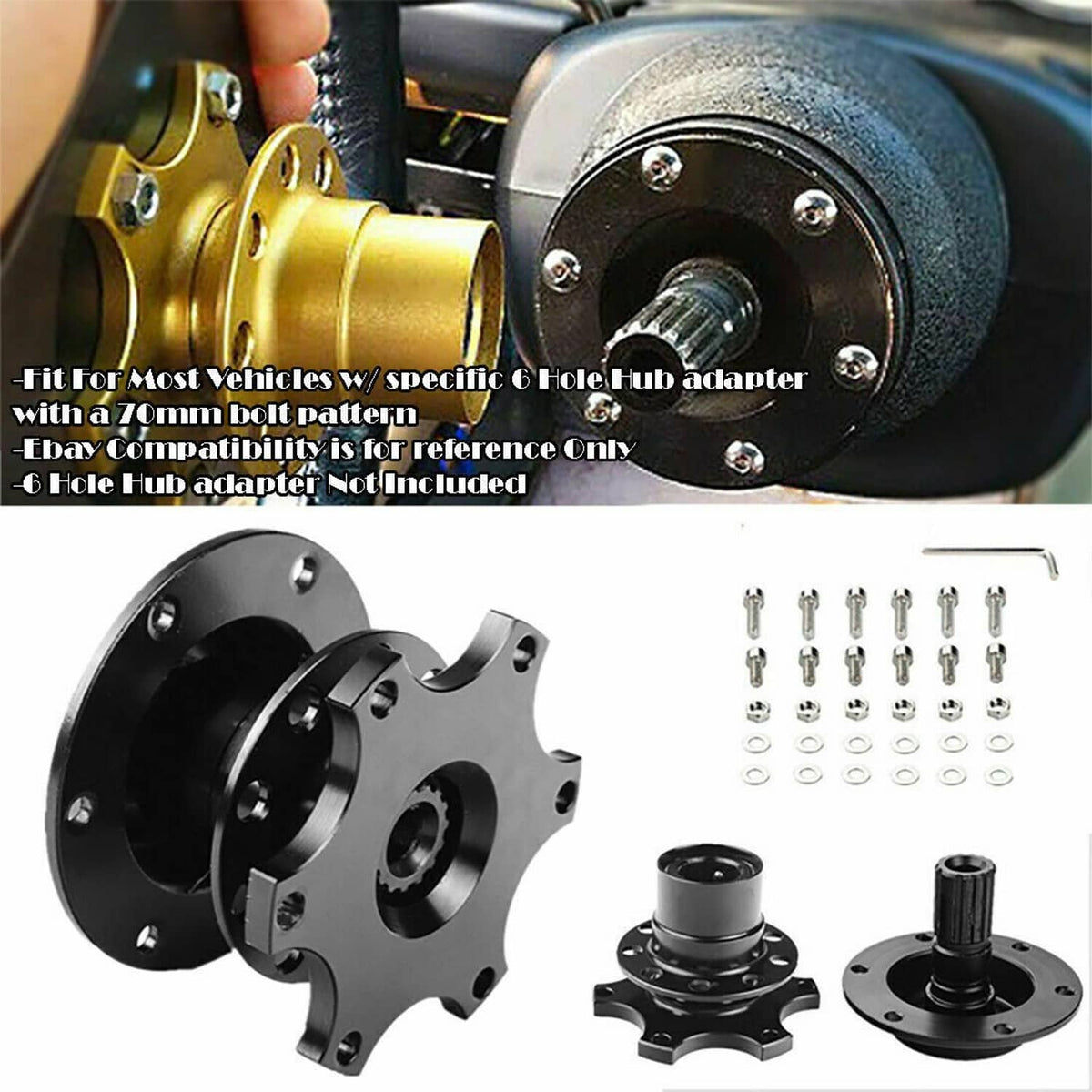 Universal steering wheel hub adapter and quick release plates with bolt hardware
