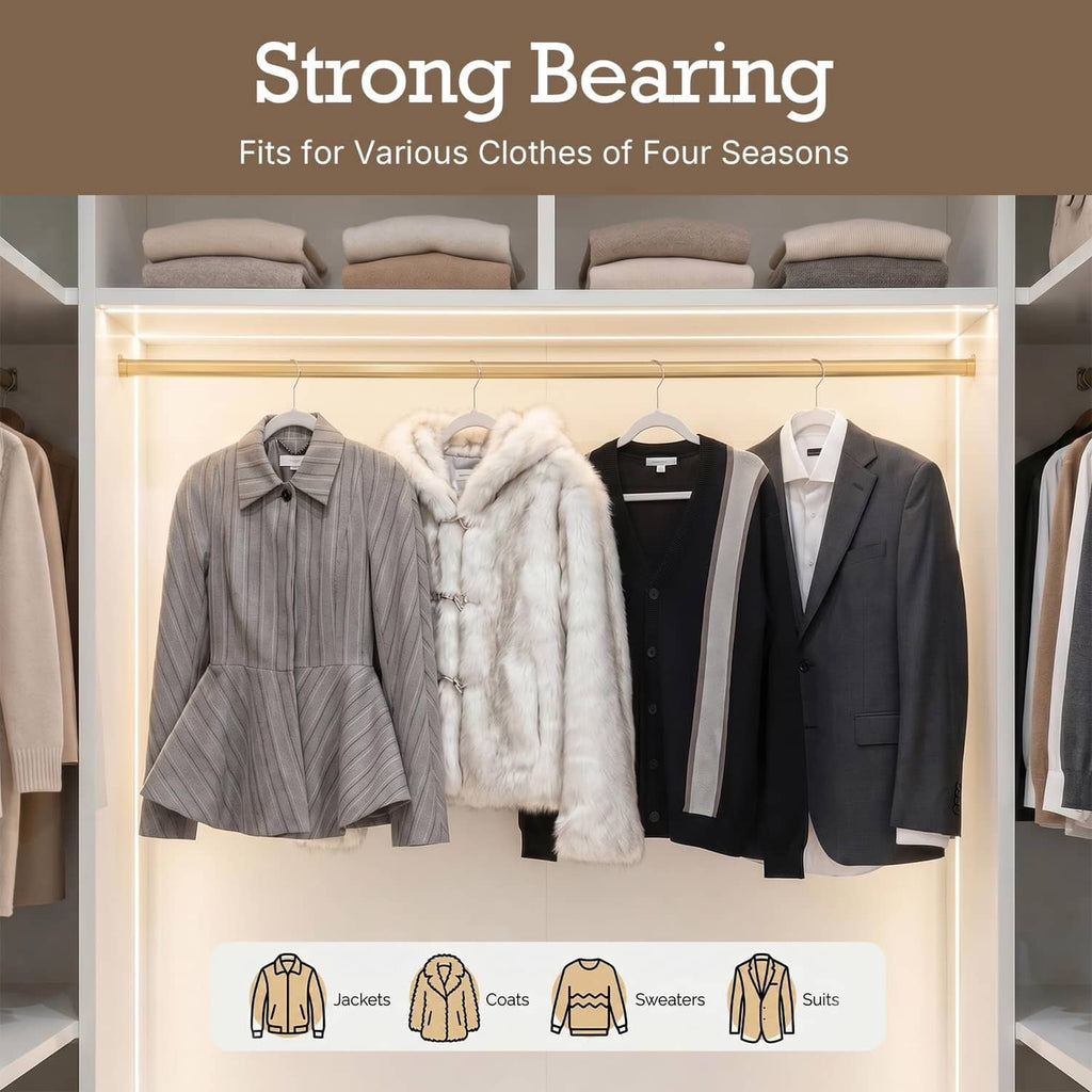 Velvet clothing hangers on a closet rack for jackets, coats, sweaters, and shirts
