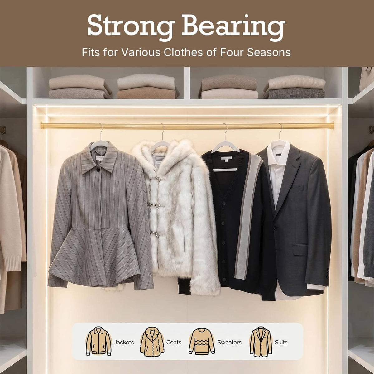 Velvet clothing hangers on a closet rack for jackets, coats, sweaters, and shirts
