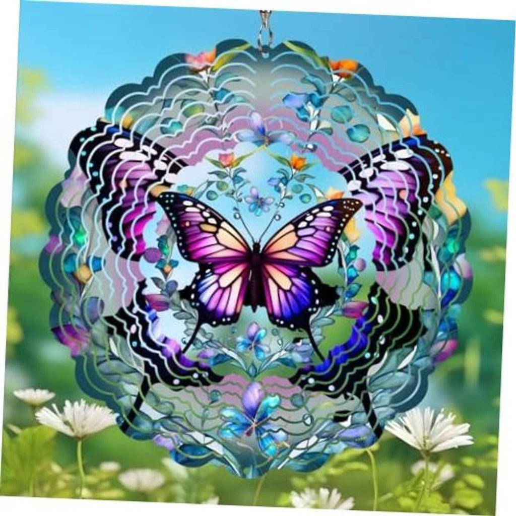 Hanging butterfly wind spinner with colorful reflective metal petals and floral center