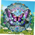 Hanging butterfly wind spinner with colorful reflective metal petals and floral center