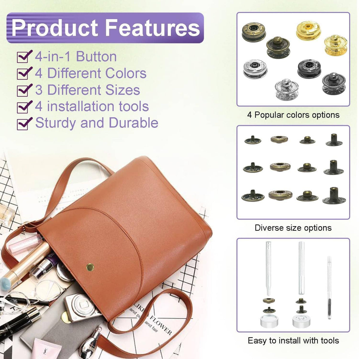 Product features graphic for snap button kit with tool options and fastener sets