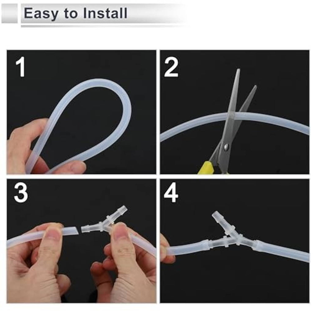 Hands attaching clear plastic hose barb connectors to tubing during installation