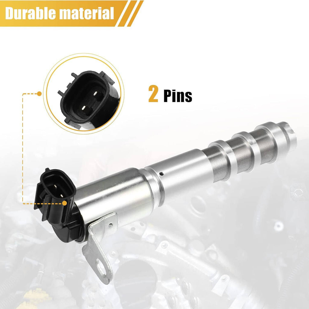 Variable valve timing solenoid with 2-pin connector and silver cylinder body, side view