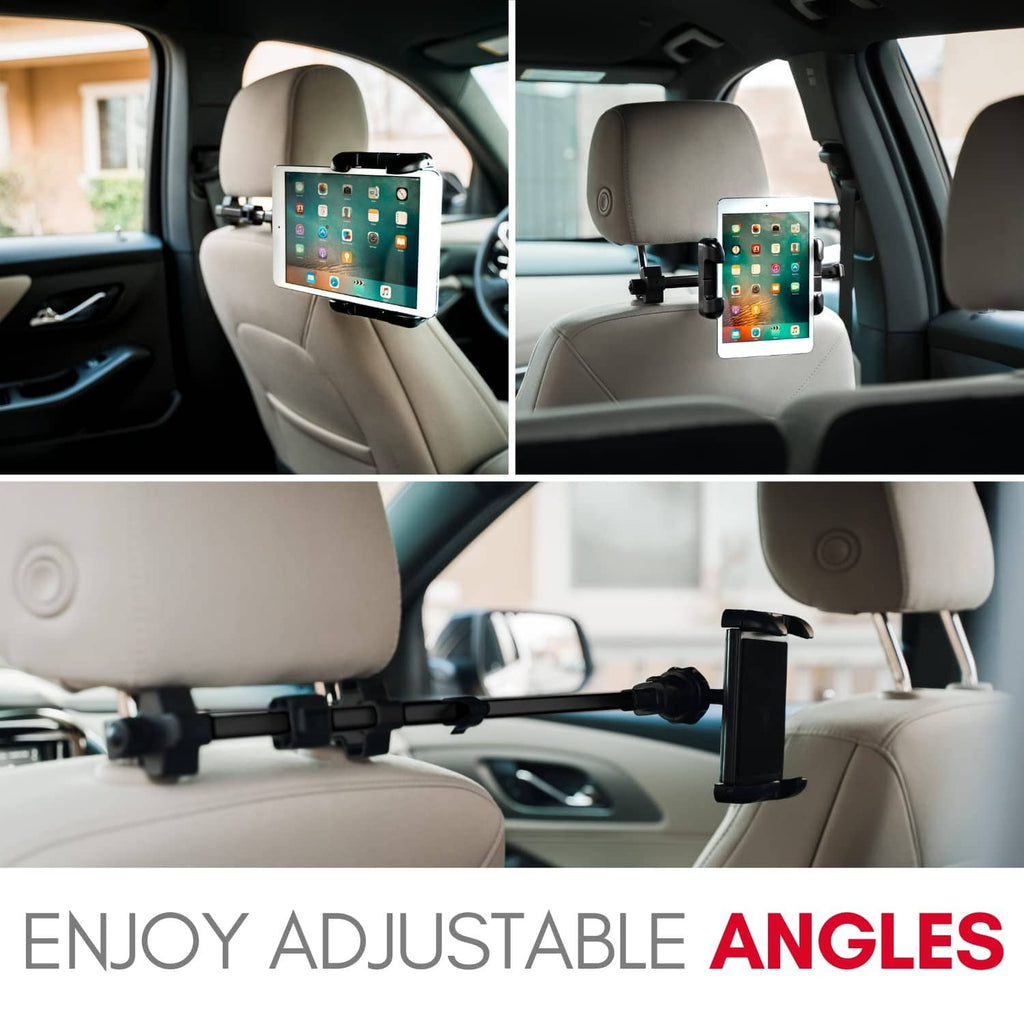 Adjustable angle tablet and smartphone car mount with headrest clamp and support arms