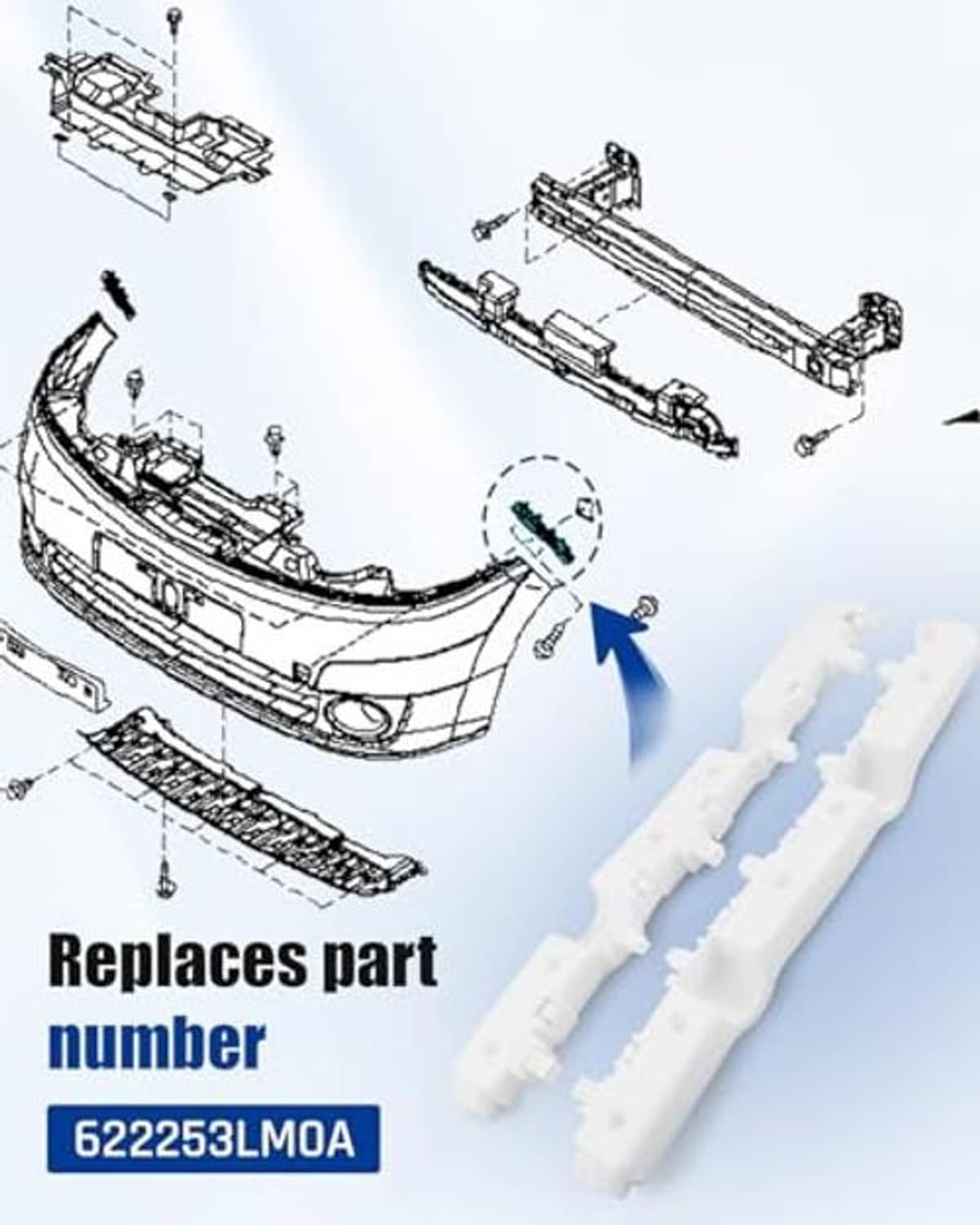 White plastic bumper support bracket retainer shown with replacement diagram