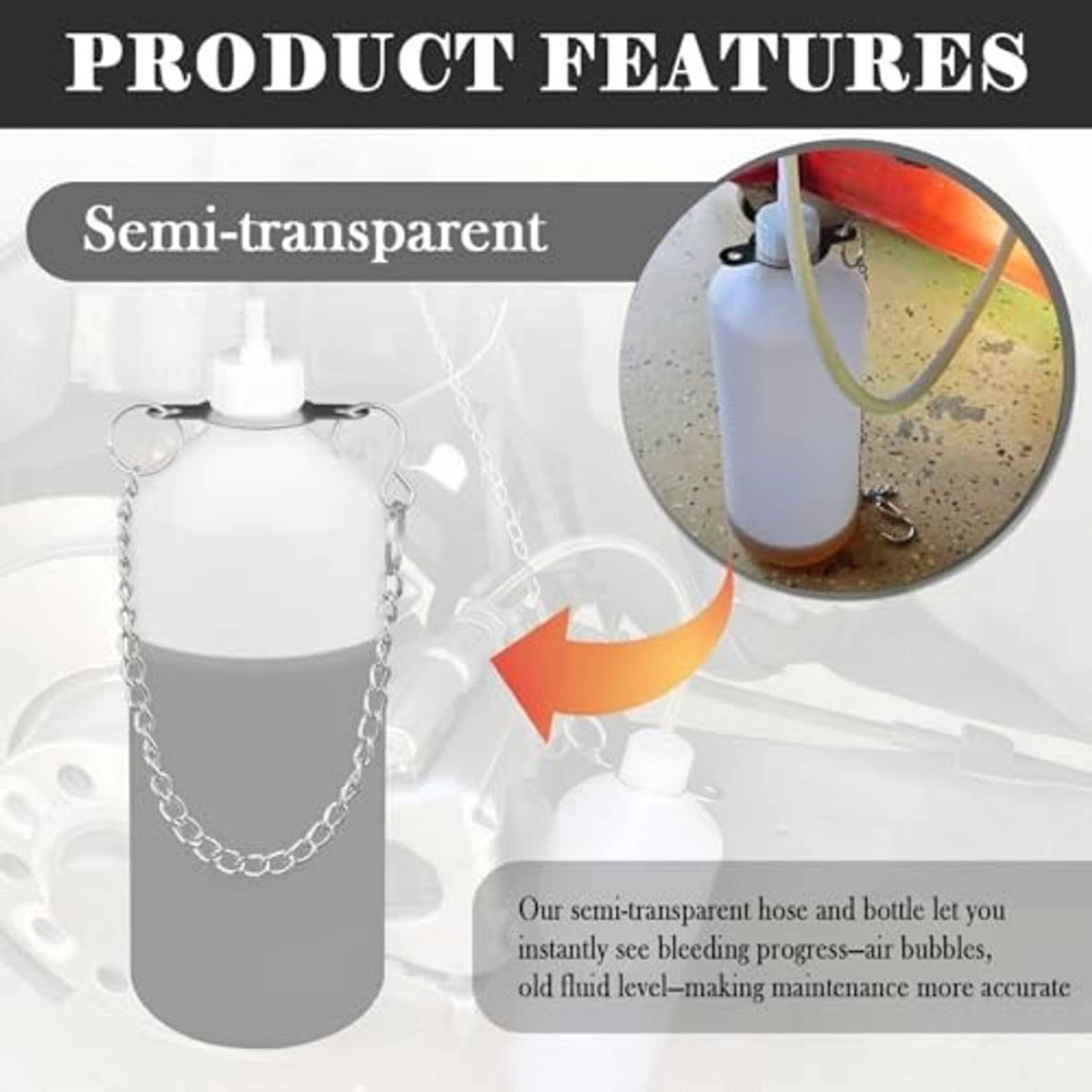 Brake bleeder kit with semi-transparent hose and white bottle connected to a chain.