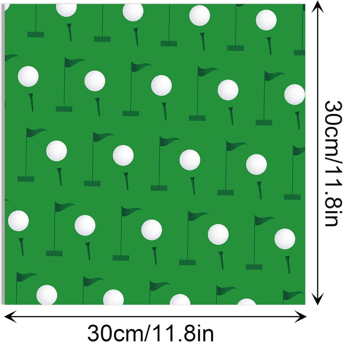Green golf scrapbook paper sheet with repeating tees and golf ball pattern