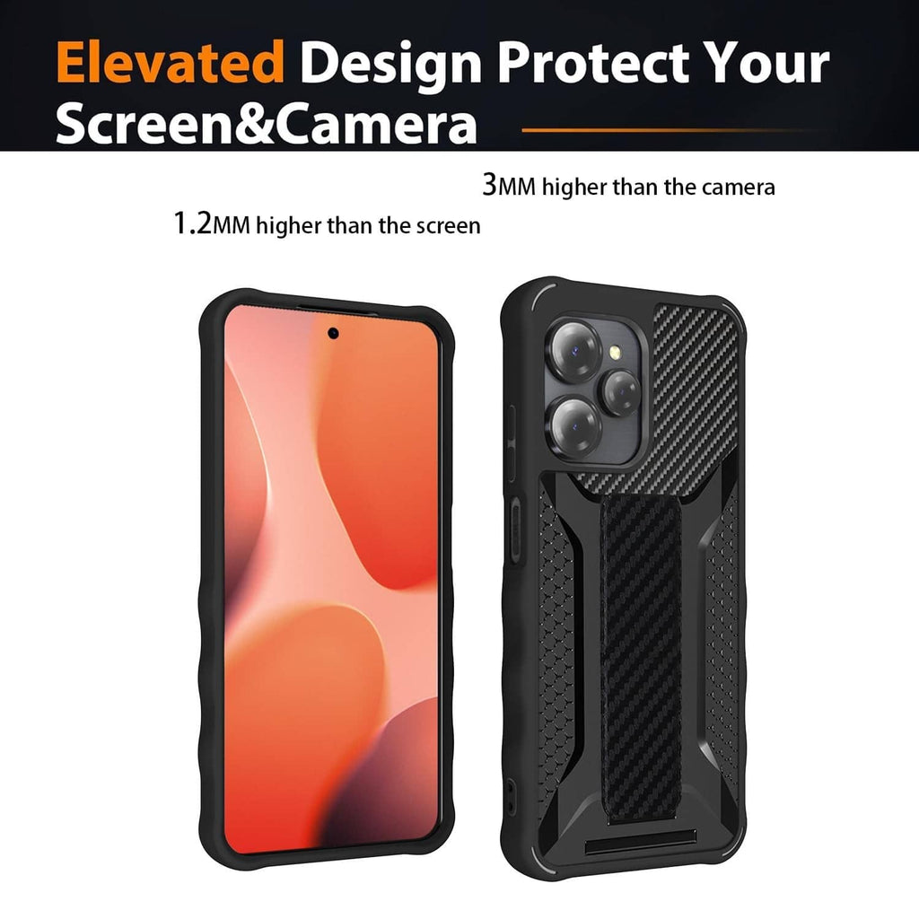 Black protective phone case with textured back and camera lens cutout