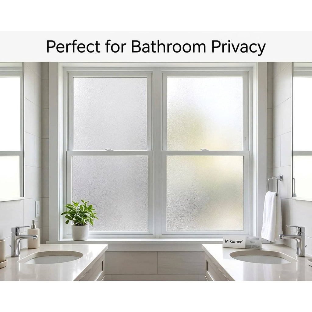 Frosted privacy window film covering bathroom window panes with crystal-textured opacity